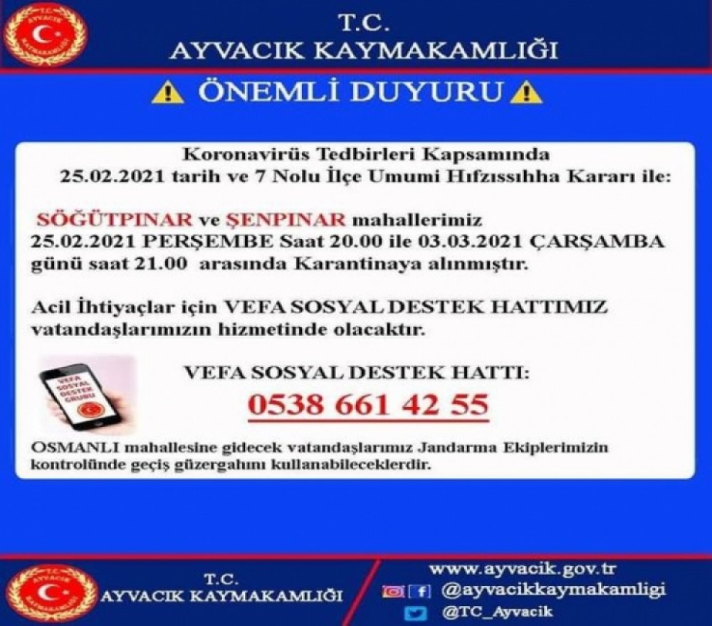 Söğütpınar Ve Şenpınar Mahallerimiz Karantinaya Alınmıştır